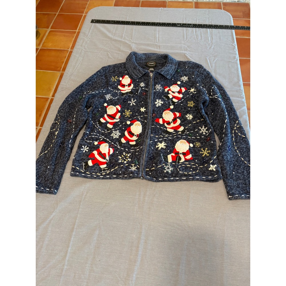 Designers Studio Originals Santa Ice Skating Ugly Christmas Sweater Zip Blue P/M